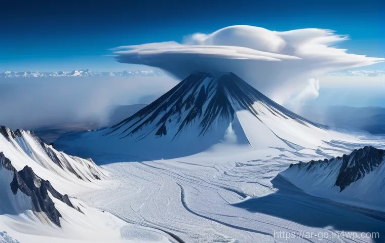 기후 변화의 역사적 관점 분석 - **Prompt 1: Primordial Earth - Ice Age Volcanoes**
"A breathtaking panoramic view of Earth durin...