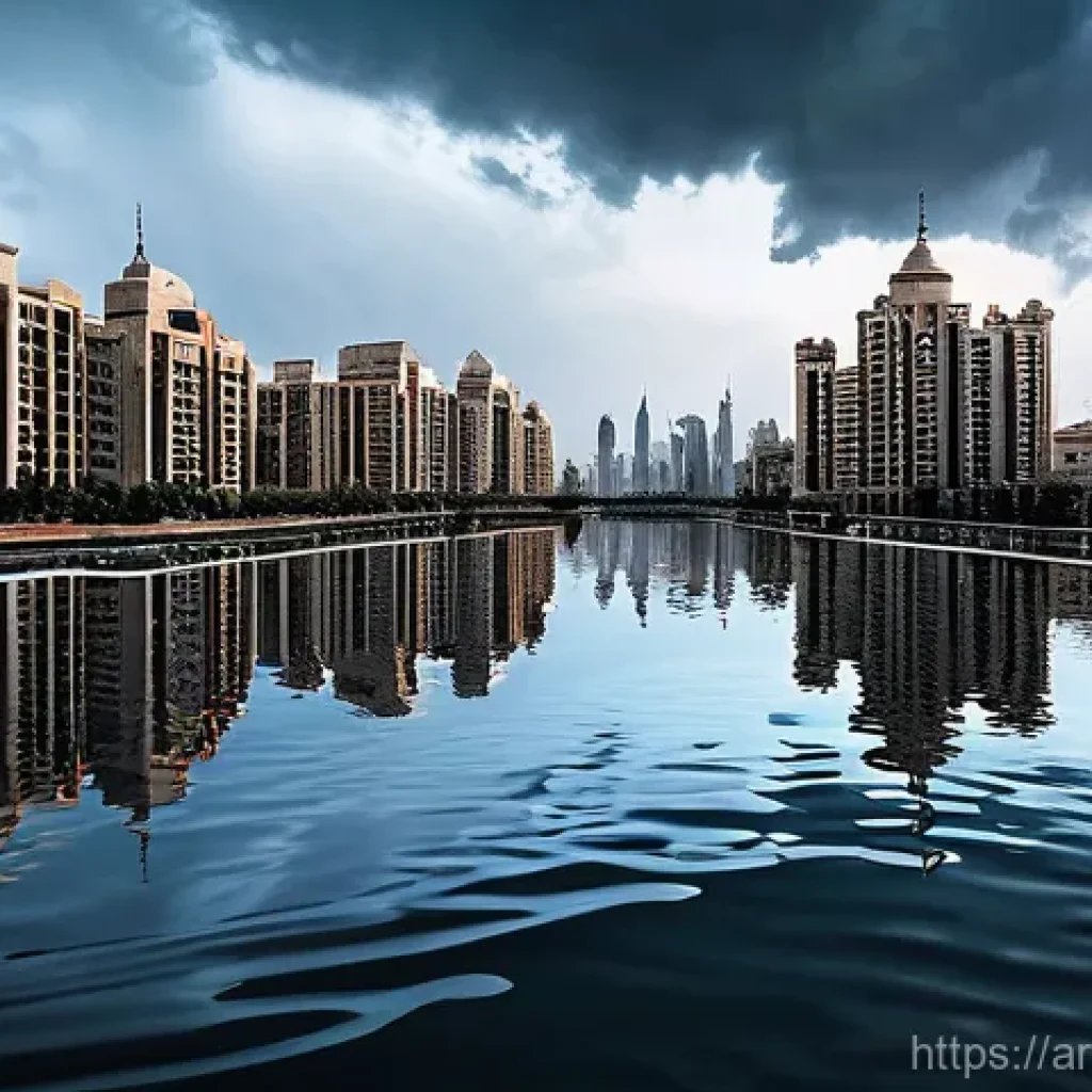 기후 변화에 대한 대중의 반응 변화 - **Prompt:** A bustling, modern Arab city skyline under a dramatic, foreboding sky, with unprecedente...