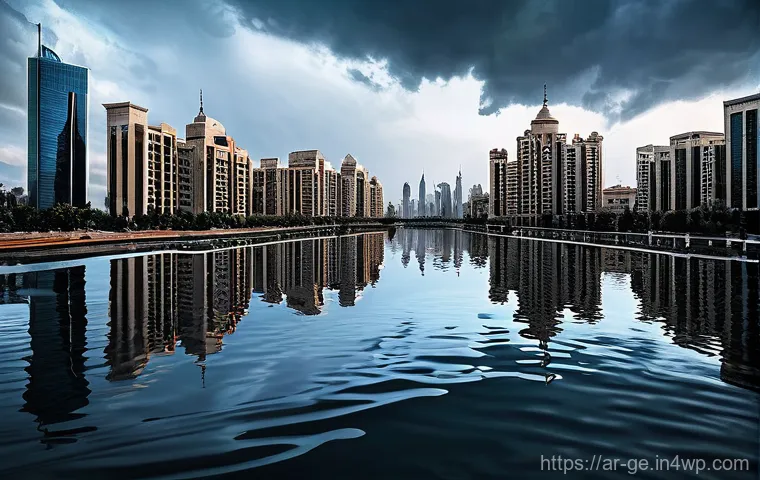 기후 변화에 대한 대중의 반응 변화 - **Prompt:** A bustling, modern Arab city skyline under a dramatic, foreboding sky, with unprecedente...
