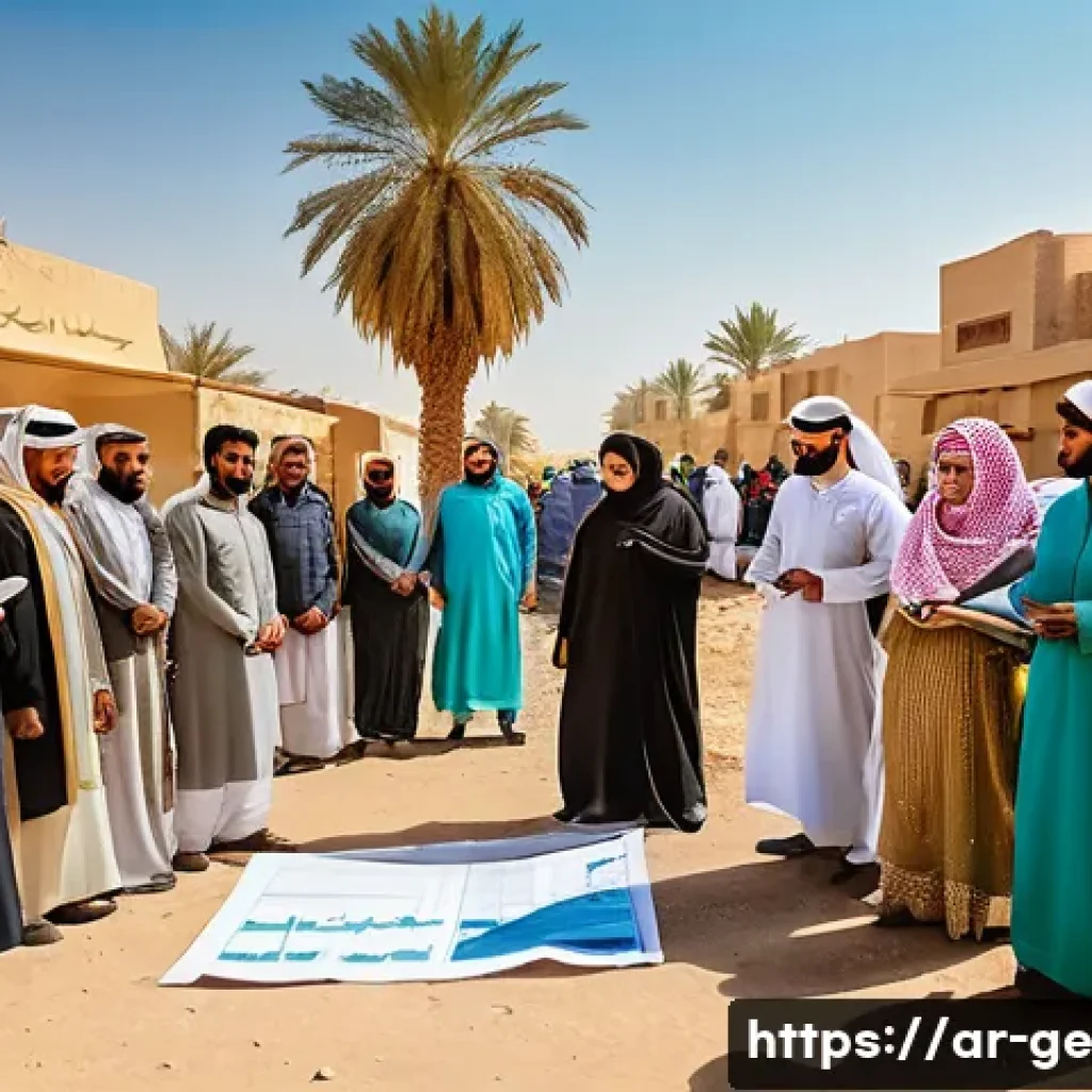 기후 변화로 인한 자연 재해 대응 방법 - A vibrant community workshop scene in an Arab neighborhood, featuring diverse men, women, and childr...