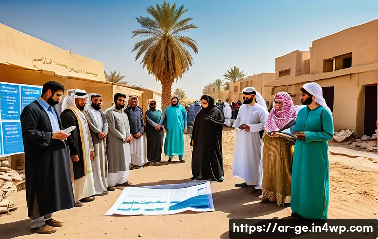 기후 변화로 인한 자연 재해 대응 방법 - A vibrant community workshop scene in an Arab neighborhood, featuring diverse men, women, and childr...