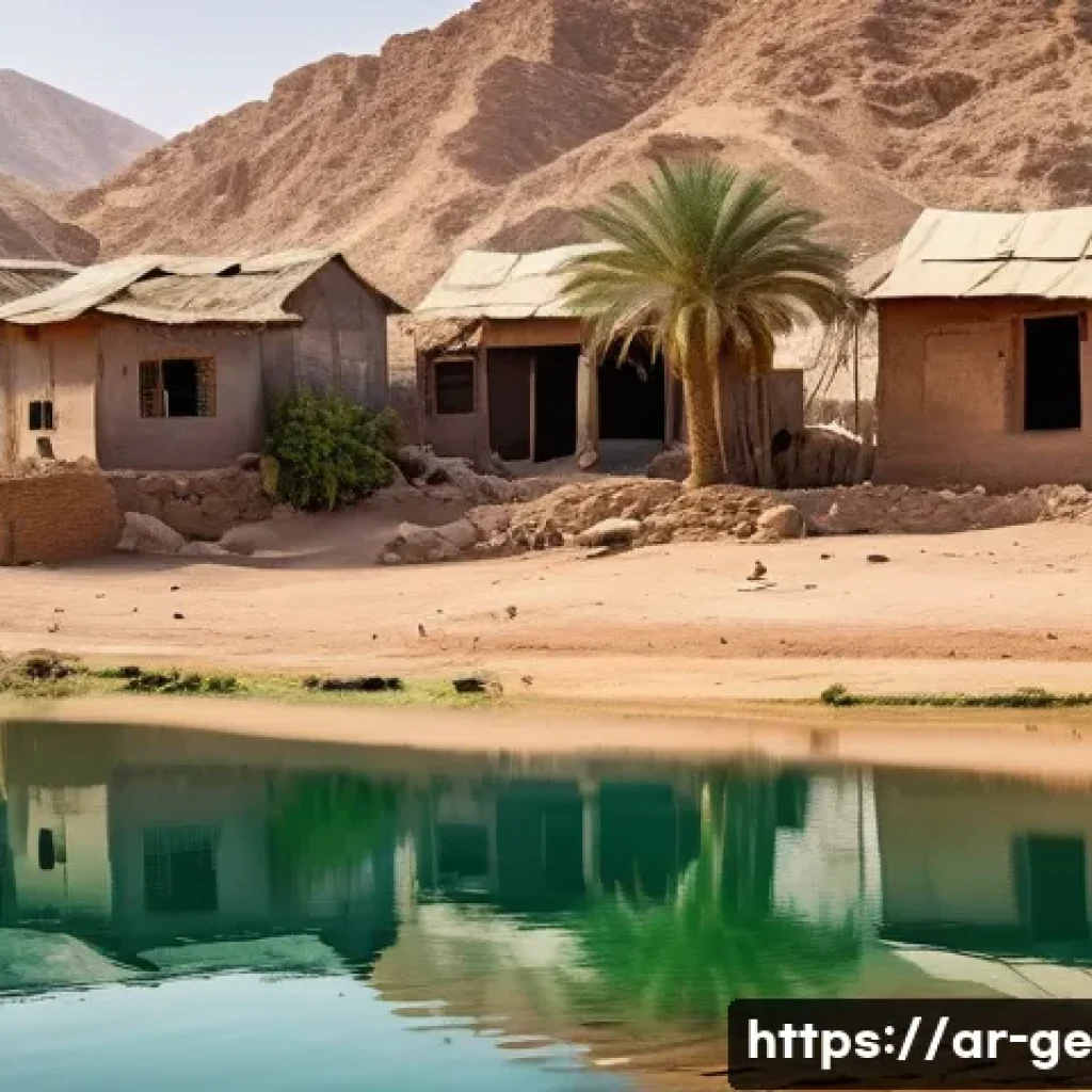 기후 변화와 전염병의 연관성 - A detailed scene of a rural Middle Eastern village during a hot summer day, with vibrant greenery an...