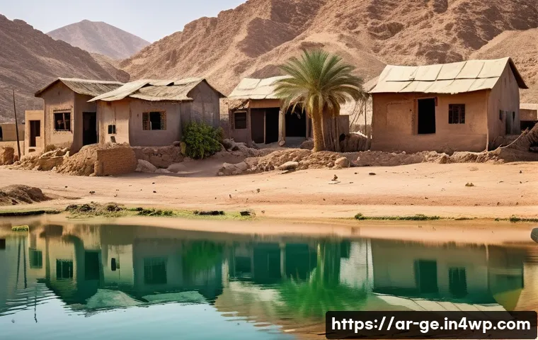 기후 변화와 전염병의 연관성 - A detailed scene of a rural Middle Eastern village during a hot summer day, with vibrant greenery an...