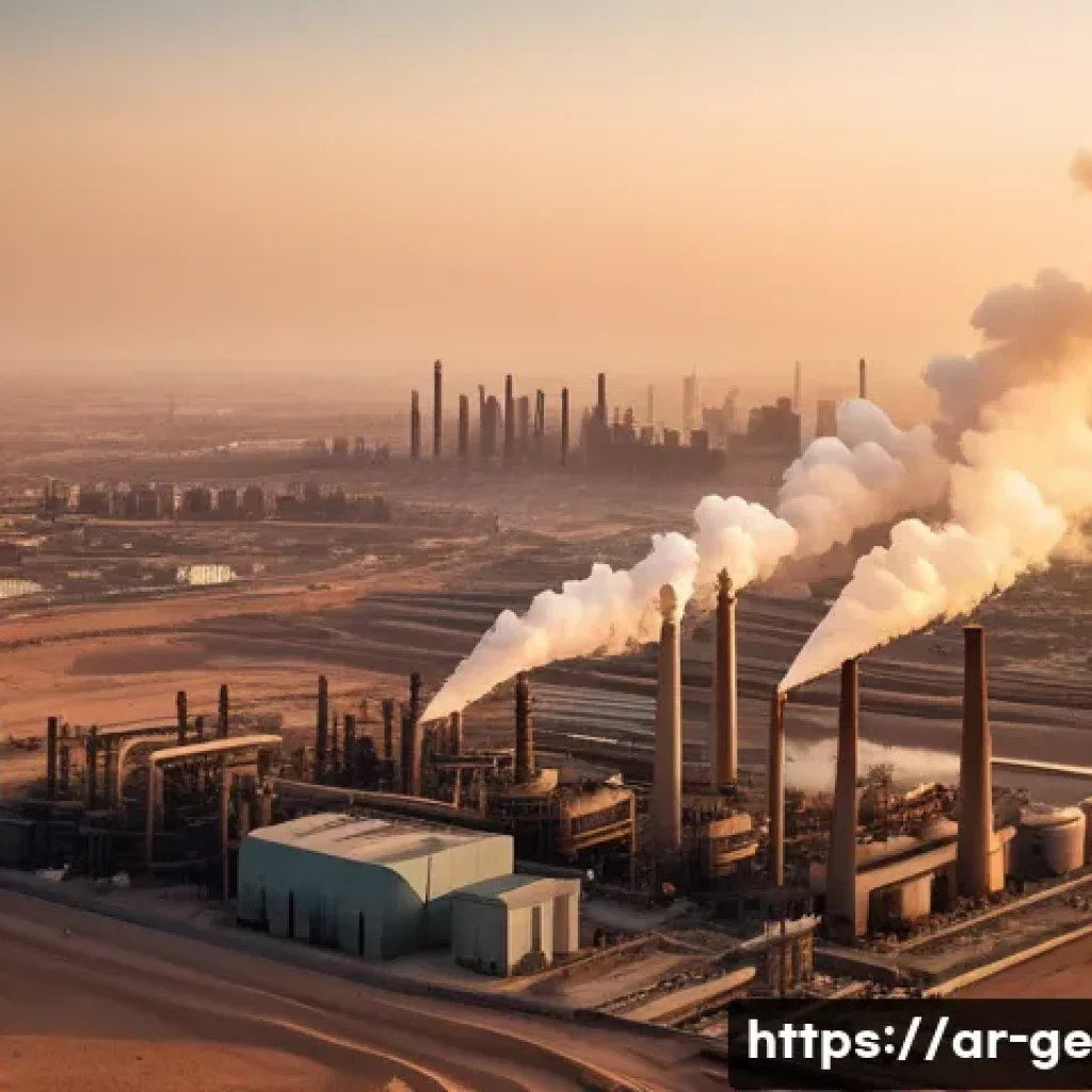 기후 변화의 원인과 영향 - A detailed aerial view of a large industrial complex in an Arabic region during sunset, with tall sm...