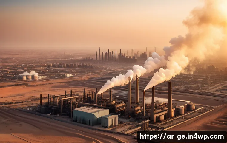 기후 변화의 원인과 영향 - A detailed aerial view of a large industrial complex in an Arabic region during sunset, with tall sm...