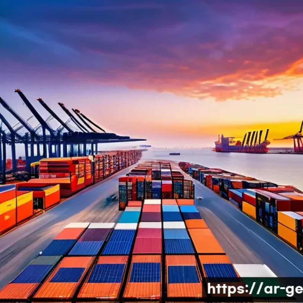 기후 변화와 수출입 정책 - A modern international cargo port at sunset in the Middle East, featuring eco-friendly LNG-powered c...
