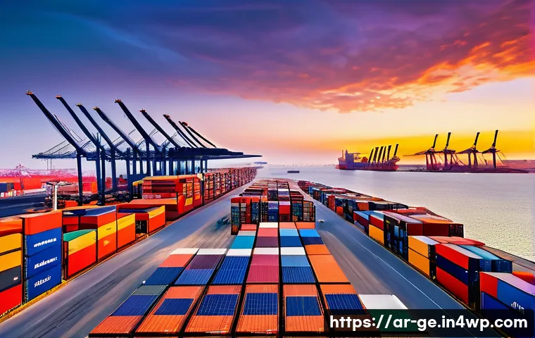 기후 변화와 수출입 정책 - A modern international cargo port at sunset in the Middle East, featuring eco-friendly LNG-powered c...