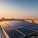 기후 변화 대응의 미래 전망 - A modern Middle Eastern residential rooftop solar panel installation at sunset, with sleek photovolt...