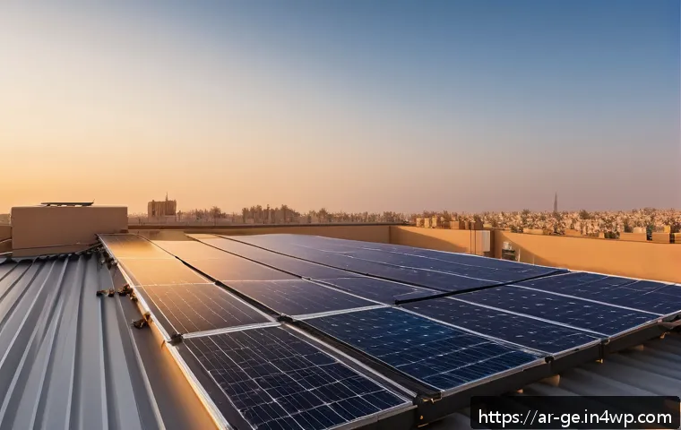 기후 변화 대응의 미래 전망 - A modern Middle Eastern residential rooftop solar panel installation at sunset, with sleek photovolt...