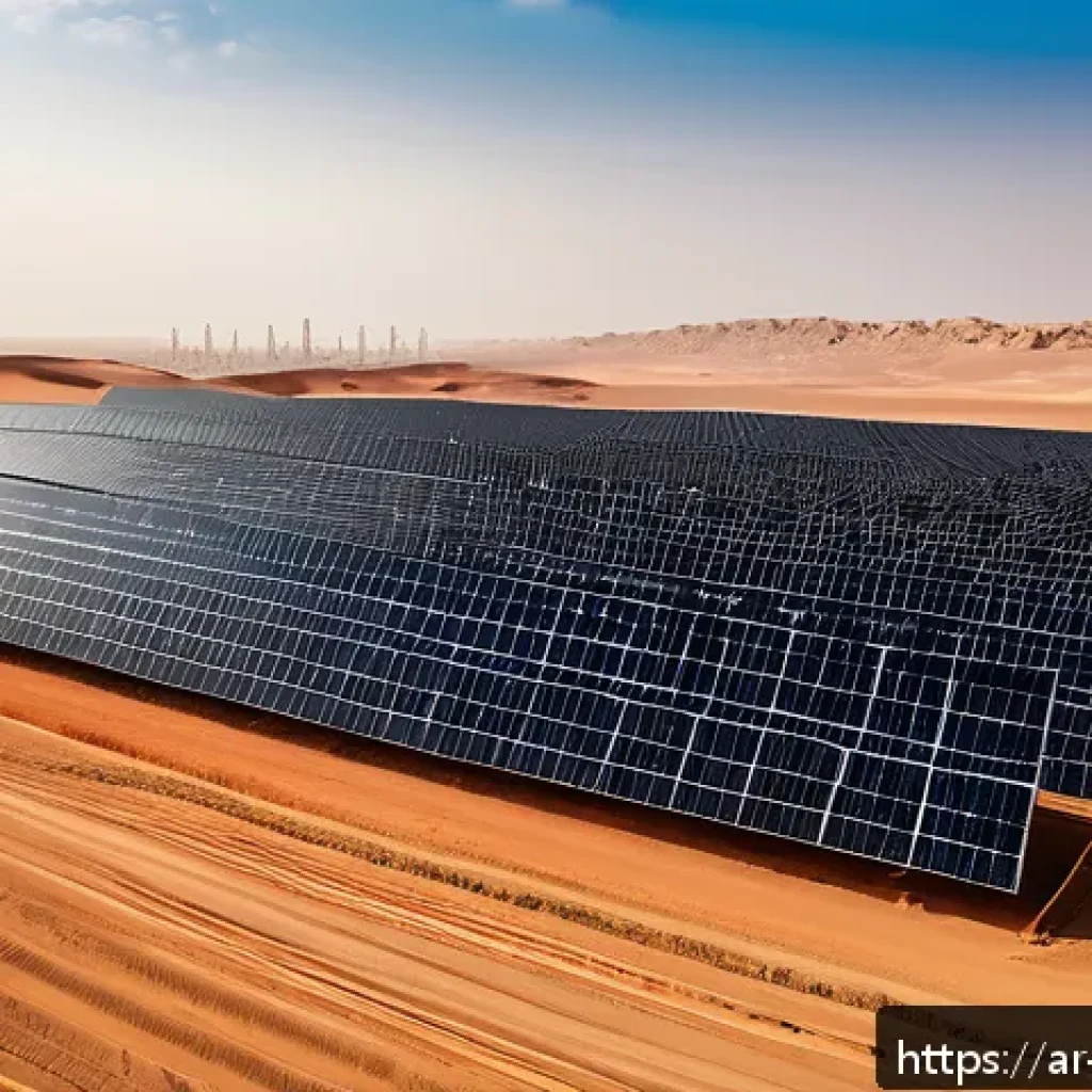 기후 변화와 에너지 전환 - A panoramic view of a modern solar farm in the Arabian desert during sunset, featuring rows of high-...
