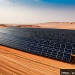 기후 변화와 에너지 전환 - A panoramic view of a modern solar farm in the Arabian desert during sunset, featuring rows of high-...