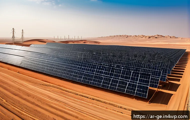기후 변화와 에너지 전환 - A panoramic view of a modern solar farm in the Arabian desert during sunset, featuring rows of high-...