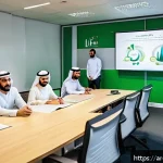 기후 변화와 기업의 사회적 책임 - A modern Arab office environment with diverse employees engaging in an eco-friendly training session...
