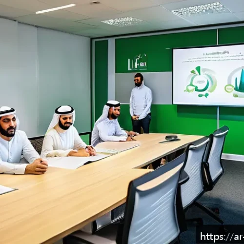 기후 변화와 기업의 사회적 책임 - A modern Arab office environment with diverse employees engaging in an eco-friendly training session...