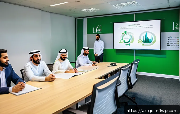 기후 변화와 기업의 사회적 책임 - A modern Arab office environment with diverse employees engaging in an eco-friendly training session...