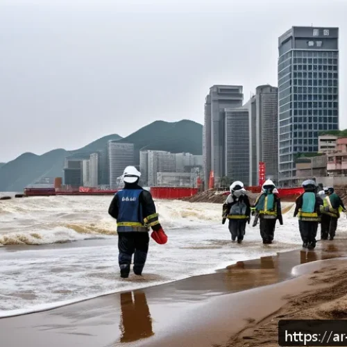 기후 변화와 남북 문제 - A detailed, realistic scene of a coastal city in the Korean Peninsula experiencing rapid sea level r...