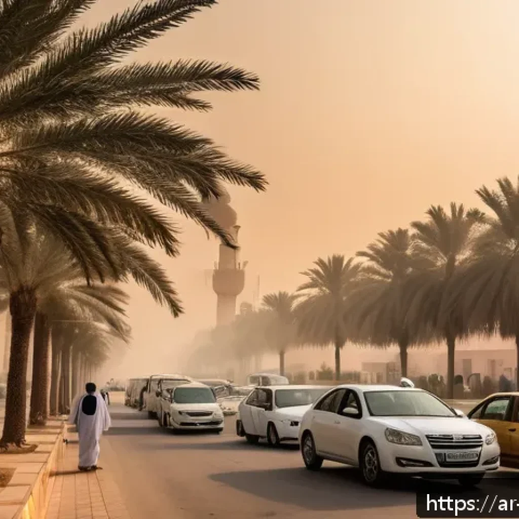 자연 보호 활동의 중요성 - A detailed urban scene in an Arabic city showing severe air pollution with thick smog hovering over ...