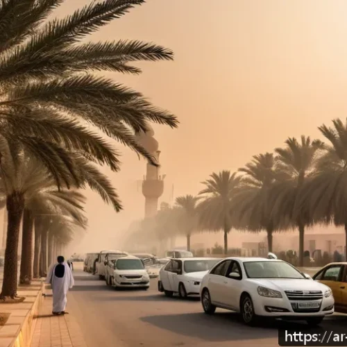 자연 보호 활동의 중요성 - A detailed urban scene in an Arabic city showing severe air pollution with thick smog hovering over ...