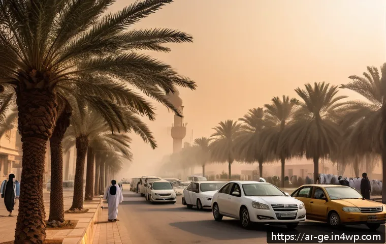 자연 보호 활동의 중요성 - A detailed urban scene in an Arabic city showing severe air pollution with thick smog hovering over ...