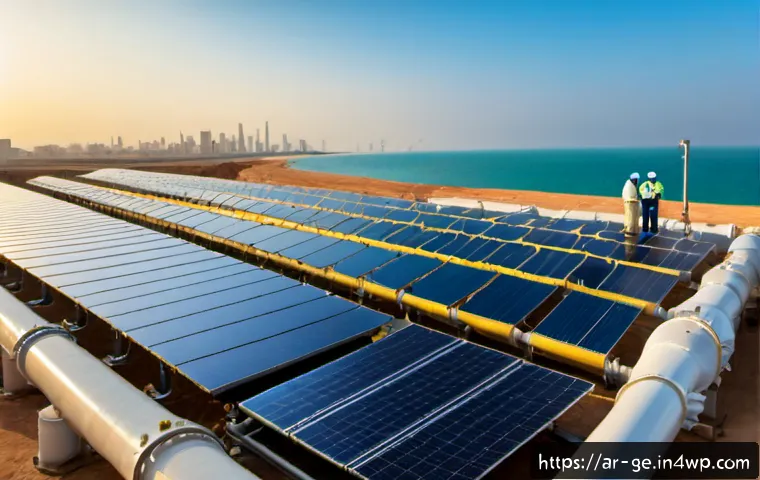Home 17 기후 위기 대응을 위한 기술 혁신 - Photorealistic wide-angle scene of a modern solar-powered desalination facility beside a calm Gulf c...