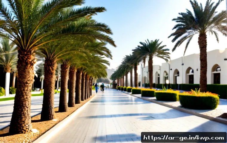 도시의 기후 회복력 강화 방안 - Photorealistic wide street scene in a modern Arab city, climate-resilient neighborhood with shaded p...