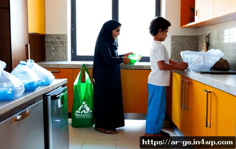 기후 위기 대응을 위한 개인의 역할 - Photorealistic morning scene in a modern Middle Eastern apartment kitchen, an Arab family of three c...