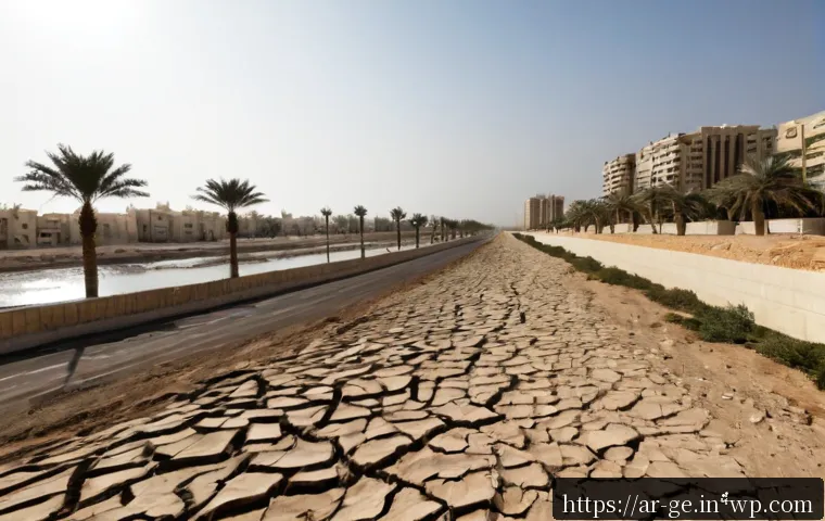 기후 변화의 형태와 단계별 대응 - Photorealistic wide-angle scene of climate change impacts in an Arab coastal city: extreme heat haze...