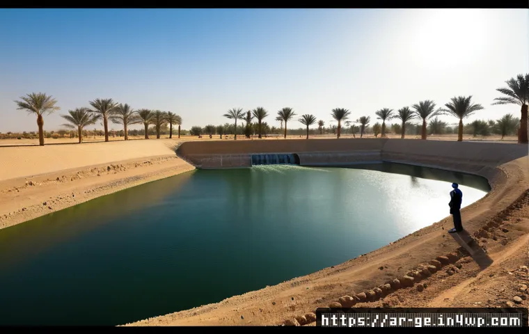 Home 17 기후 위기와 수자원 관리 - Photorealistic wide-angle scene of a modern water management reservoir on the edge of an arid Middle...